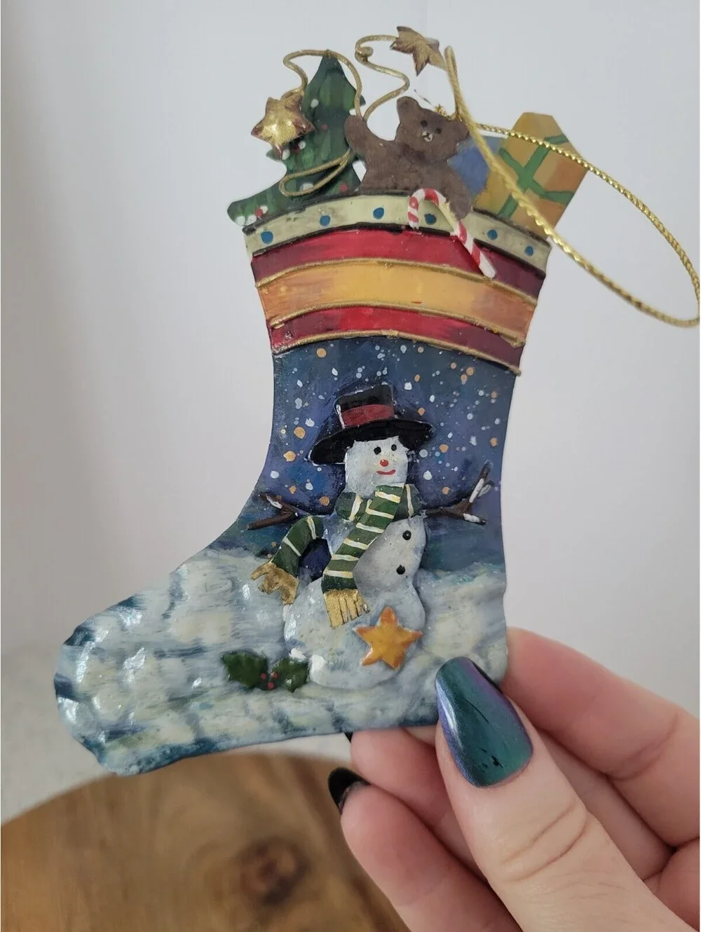 2 Vtg Metal Tin Primitive Rustic Christmas Tree Ornaments Stocking Snowman
